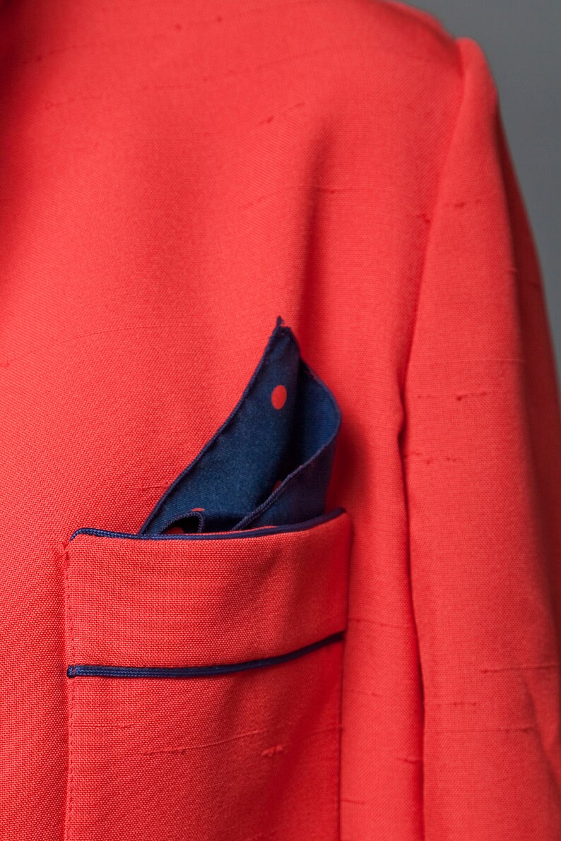 vintage 80s red blazer jacket polka dot pocket square navy open front M L MEDIUM LARGE image 5
