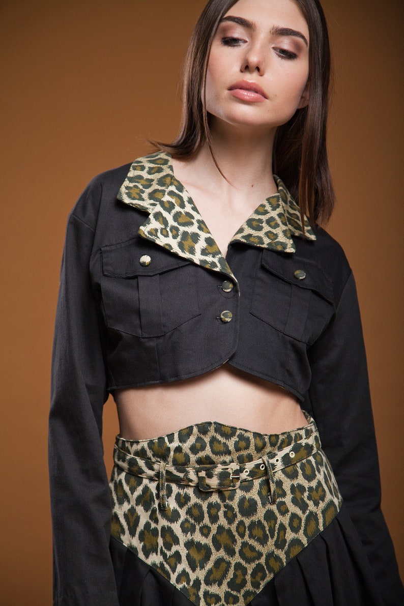 Crop Top Mini Skirt Set Midriff Leopard Animal Print Black Etsy UK