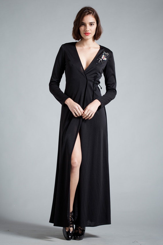 vintage 70s maxi wrap dress black long sleeves bu… - image 5