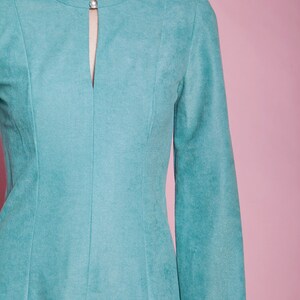 ultrasuede dress aqua blue green flare sleeves keyhole vintage 70s MEDIUM M image 8