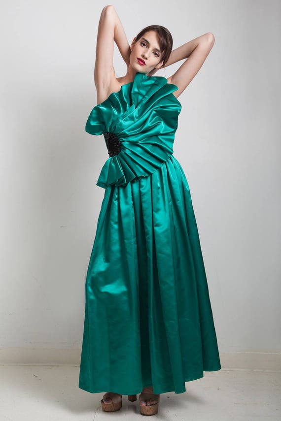 Vintage 80s Evening Gown Formal Evening Dress Asymmetrical Origami Pleated Sequins Green Floor Length One Shoulder SMALL S Etsy