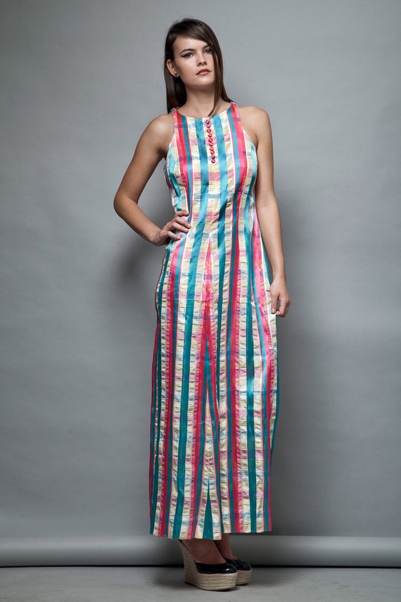 sleeveless halter maxi dress vintage 70s striped … - image 2