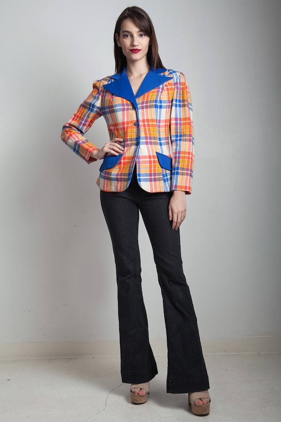 plaid blazer jacket top red orange blue tartan vintage 70s MEDIUM M