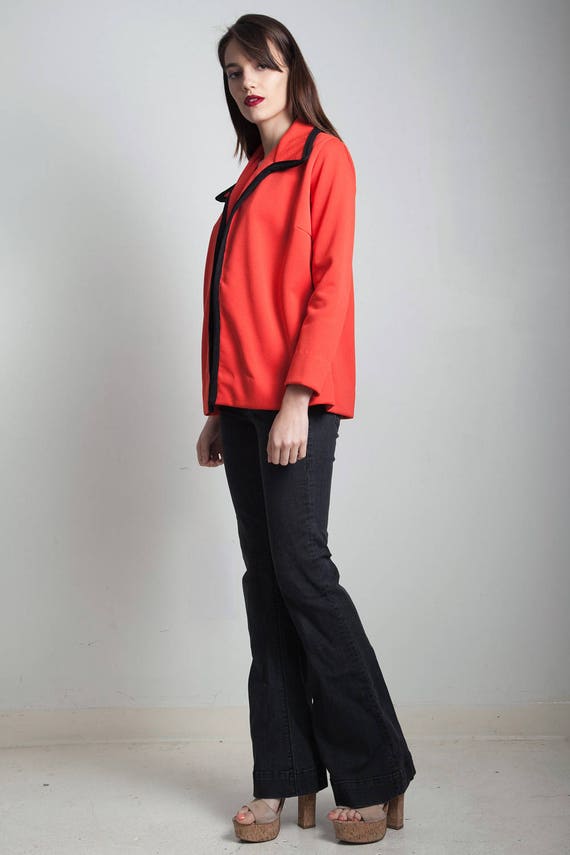 red jacket top open front black trim long sleeves… - image 2