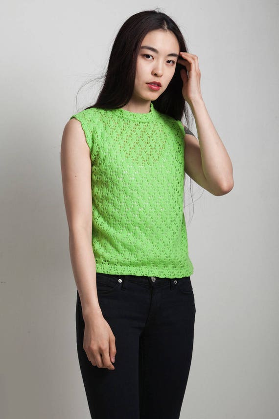 sleeveless knit sweater top eyelet lime green pul… - image 1