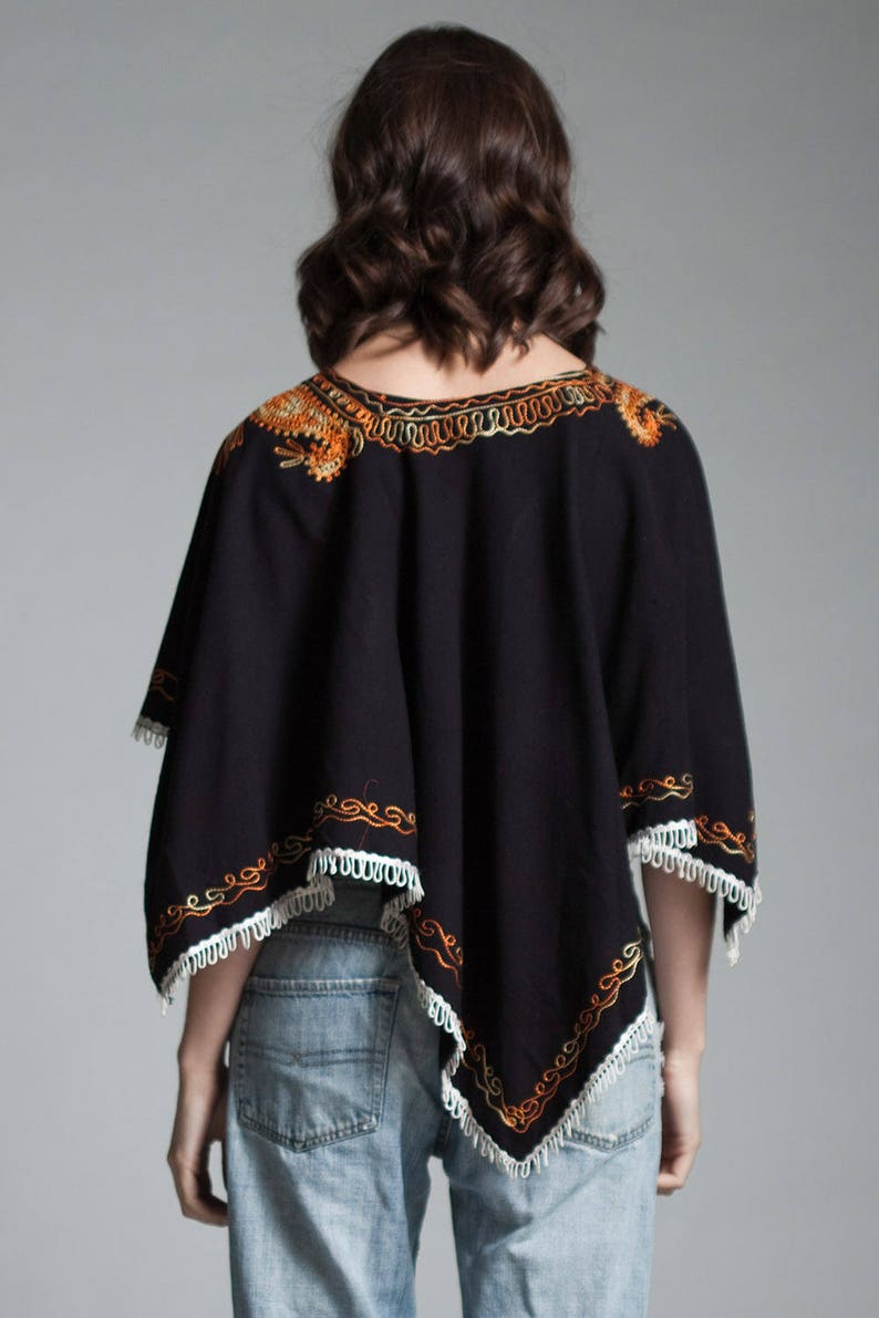 vintage 70s poncho cape top hippie boho embroidery black orange ONE SIZE S M L small medium large
