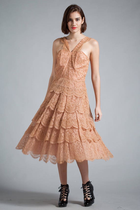 vintage 50s 1950s tiered layer lace dress party c… - image 2