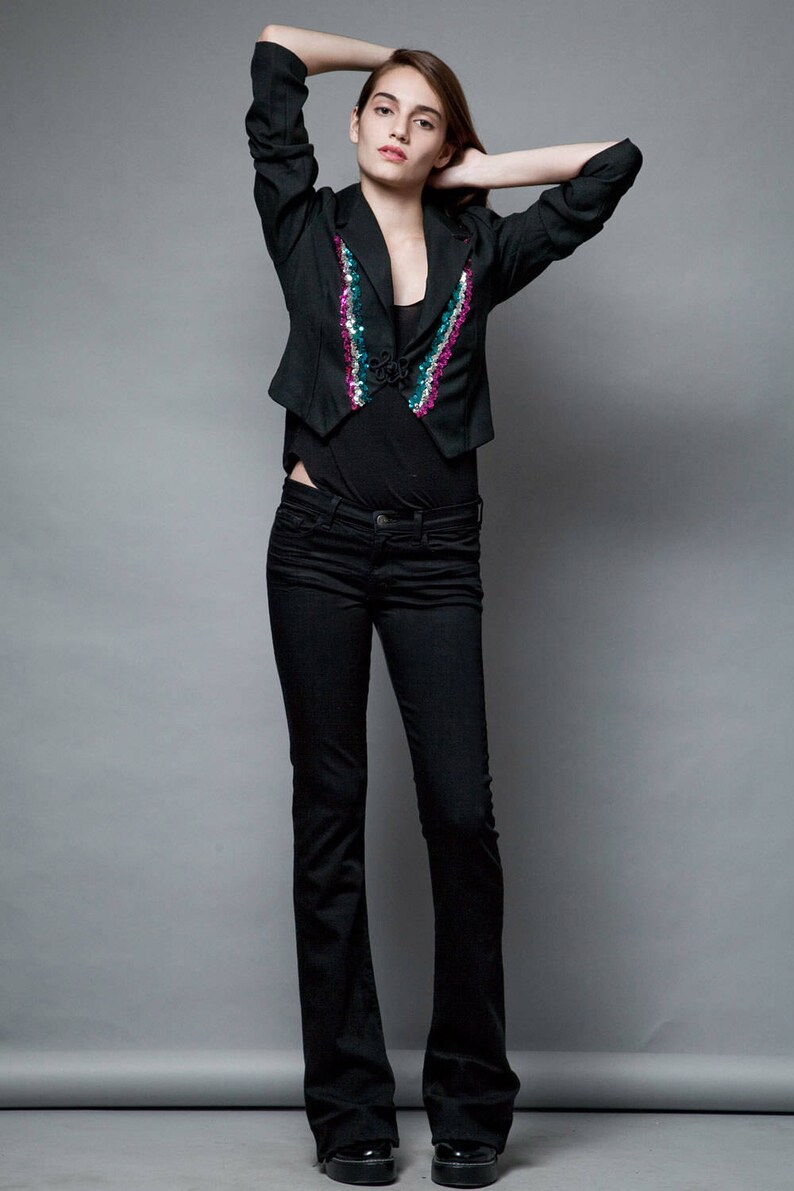 vintage marching band jacket crop cropped black sequins sequin sequinned frog button M MEDIUM