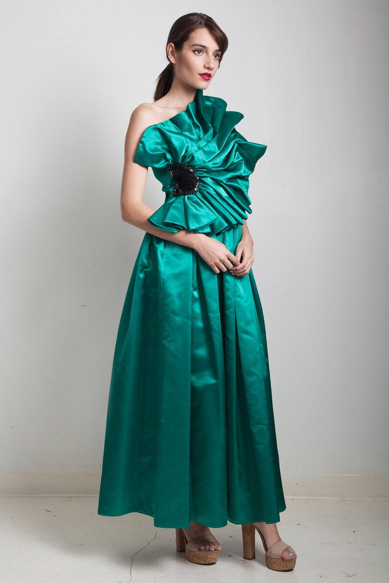 vintage 80s evening gown formal evening dress asymmetrical origami pleated sequins green floor length one shoulder SMALL S