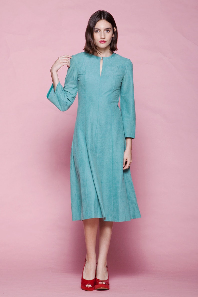 ultrasuede dress aqua blue green flare sleeves keyhole vintage 70s MEDIUM M imagem 2