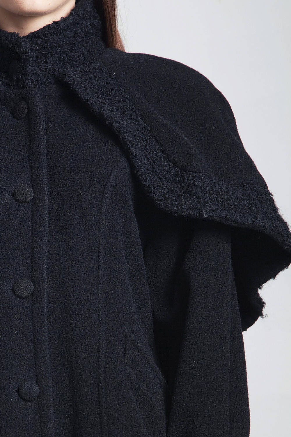 Cape Coat Vintage 80s Black Wool Jacket Bucle Texture Trims - Etsy