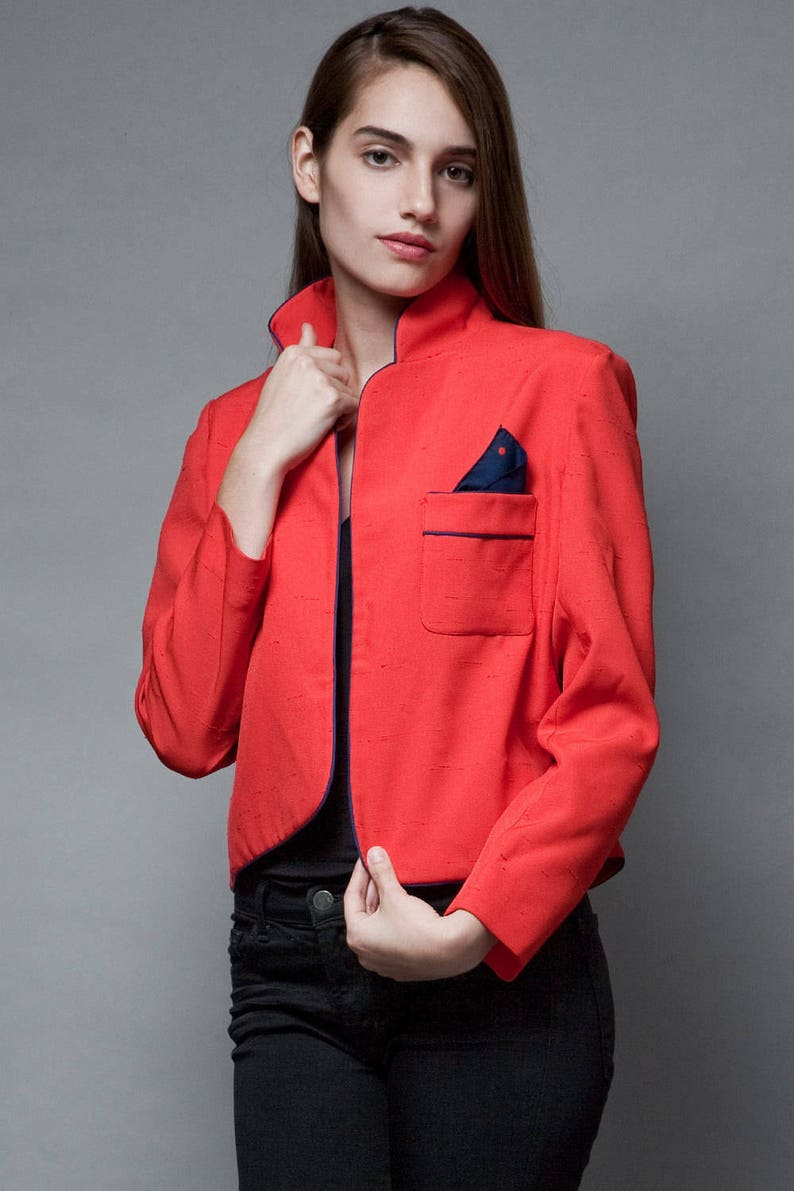 vintage 80s red blazer jacket polka dot pocket square navy open front M L MEDIUM LARGE image 1