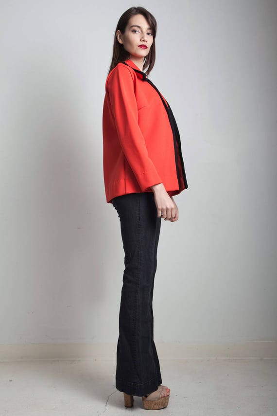 red jacket top open front black trim long sleeves… - image 3