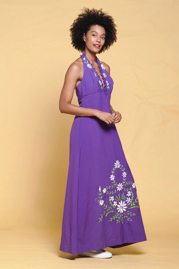 halter maxi dress purple cotton floral hand embro… - image 7