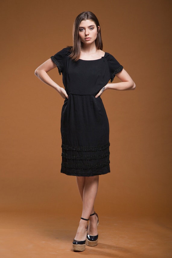 vintage 50s 1950s fringed dress black crepe bow fr