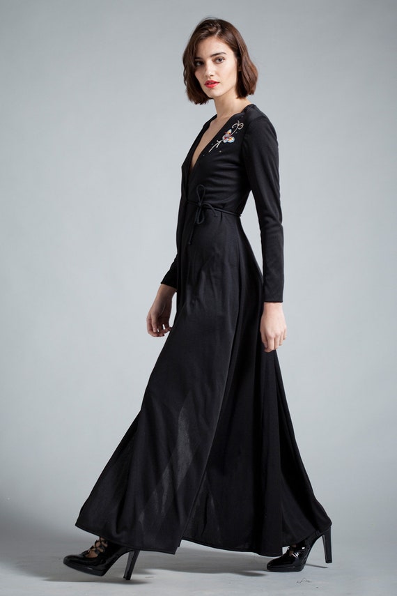 vintage 70s maxi wrap dress Black long sleeves butterfly embroidery applique SMALL S