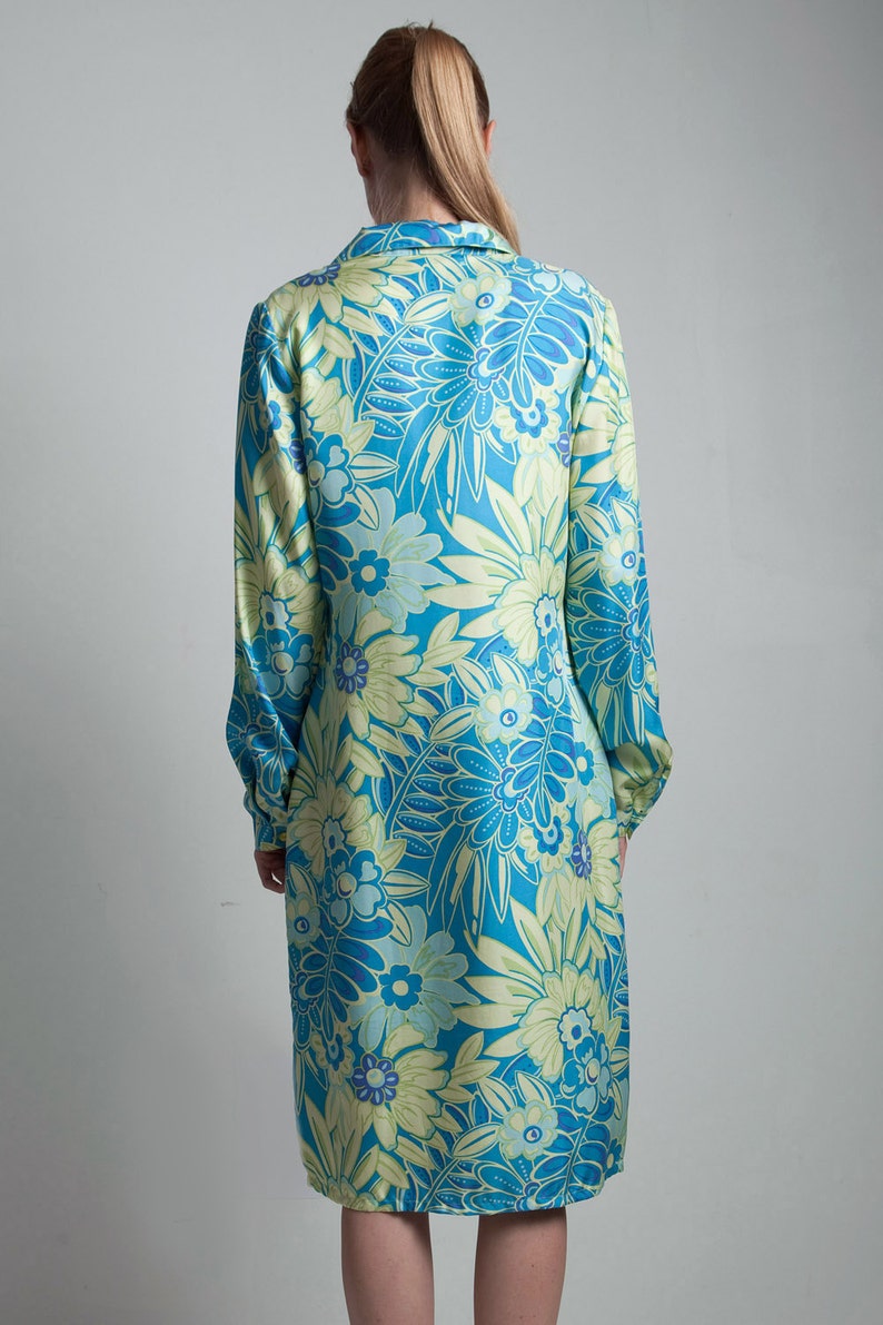 Vintage 80s Bob Mackie Floral Silky Shirt Dress Aqua Lime Sash - Etsy