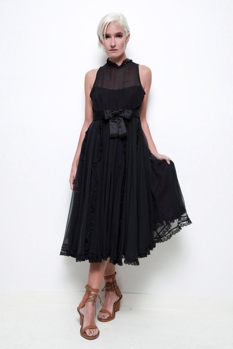 black sleeveless party dress lace trims full skirt sheer chiffon keyhole back vintage 80s M MEDIUM image 3