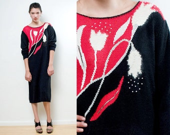 Sweater Dress Vintage 80s Angora Tulip Knit Knitted Black Red Beaded long sleeves L large