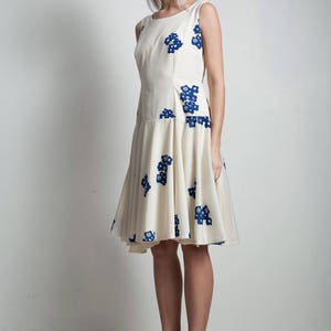 vintage 60s drop waist swing dress cream blue floral scoop back sleeveless MEDIUM M image 3