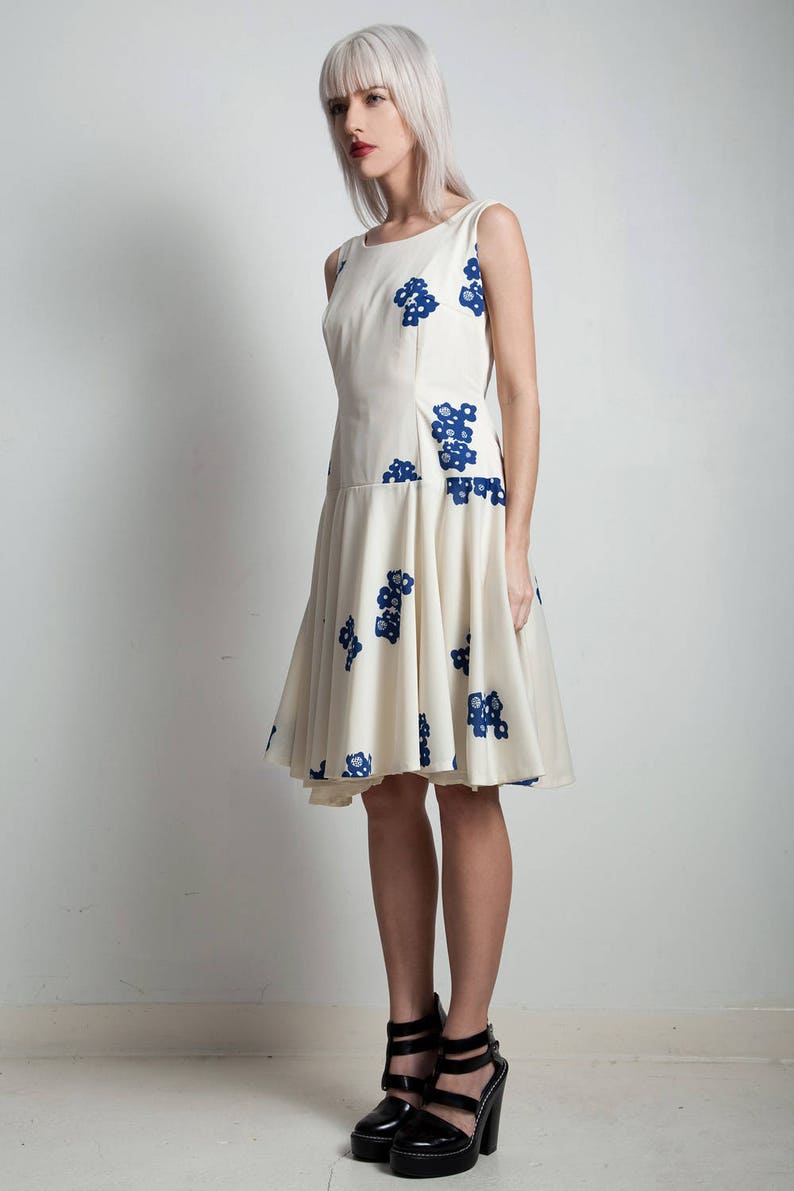 vintage 60s drop waist swing dress cream blue floral scoop back sleeveless MEDIUM M image 3