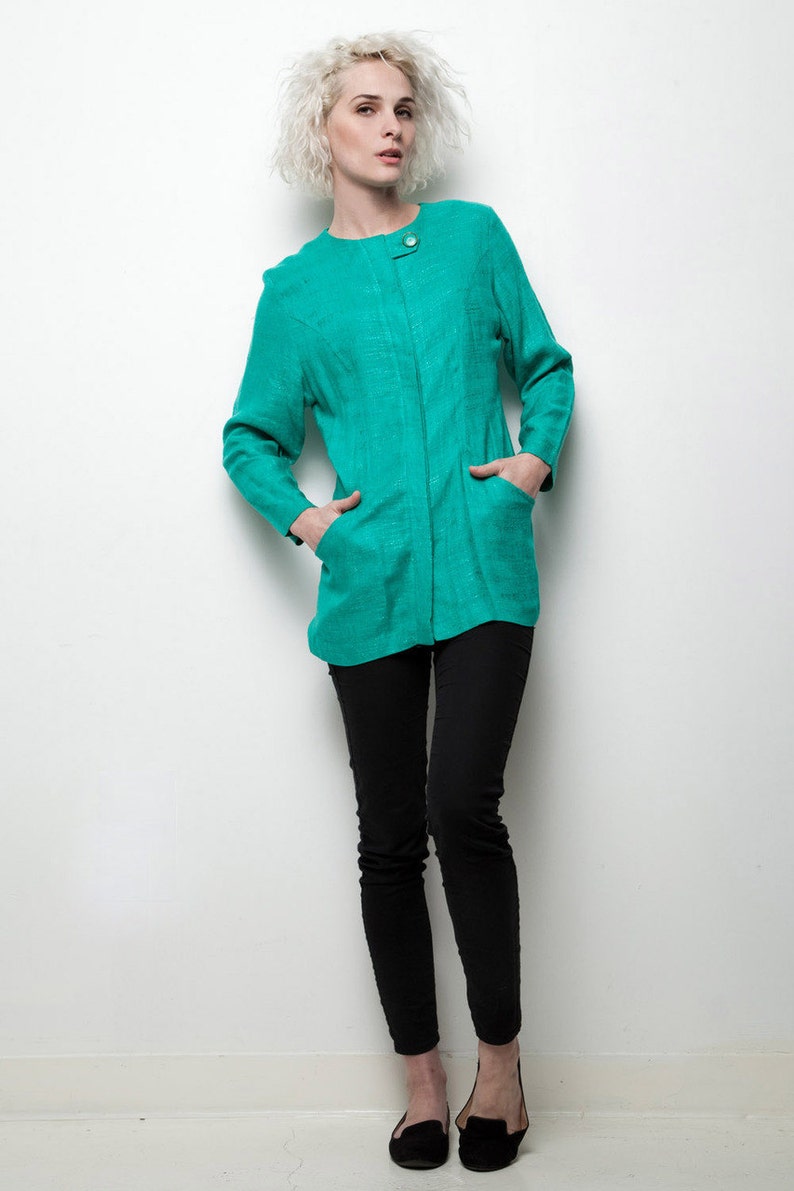 green minimalist top long sleeve button down vintage 80s M MEDIUM image 2