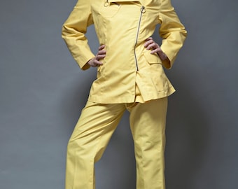 yellow pant suit jacket 2 piece set zipper top vintage 1970s M MEDIUM pants futuristic uniform