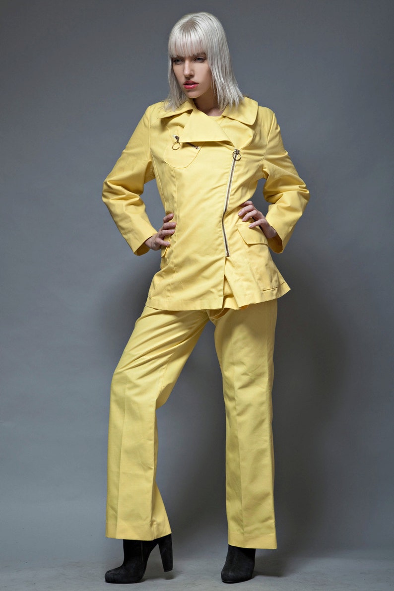 yellow pant suit jacket 2 piece set zipper top vintage 1970s M MEDIUM pants futuristic uniform image 1