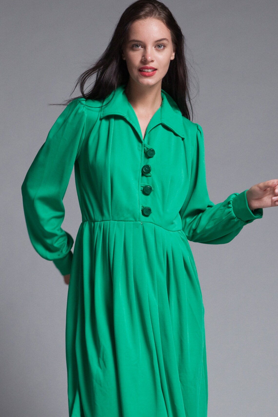 Pleated shirtwaist dress green knit long sleeves big buttons | Etsy