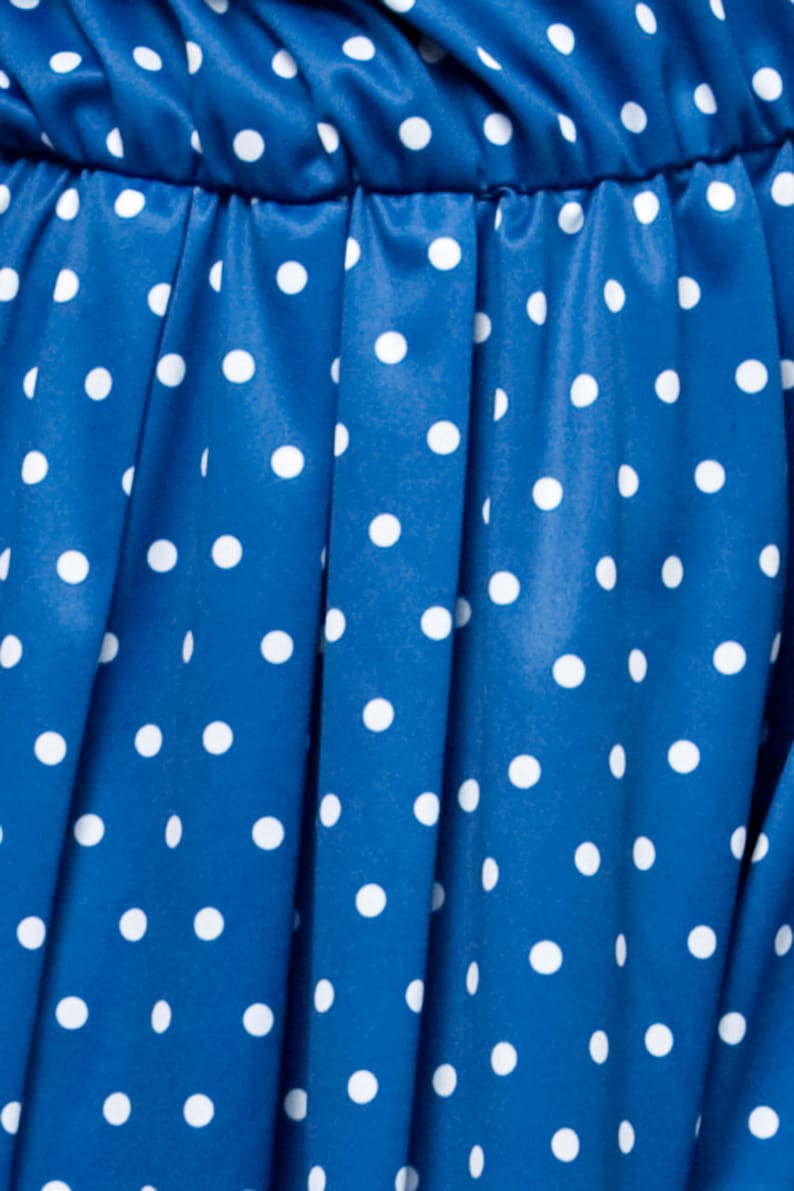vintage 80s day dress blue white polka dot knit short sleeves knee length XL extra large