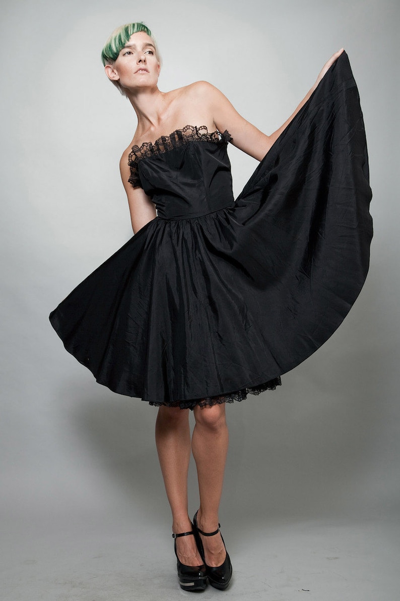 party dress black, strapless dress, taffeta dress, full skirt dress, vintage 80s S M Small Medium image 1