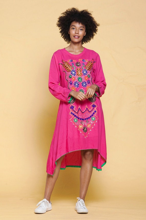 boho cotton festival dress hi-lo bright pink ethni