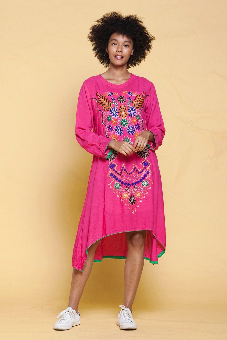 boho cotton festival dress hi-lo bright pink ethnic embroidery floral long sleeves vintage 70s MEDIUM M image 1