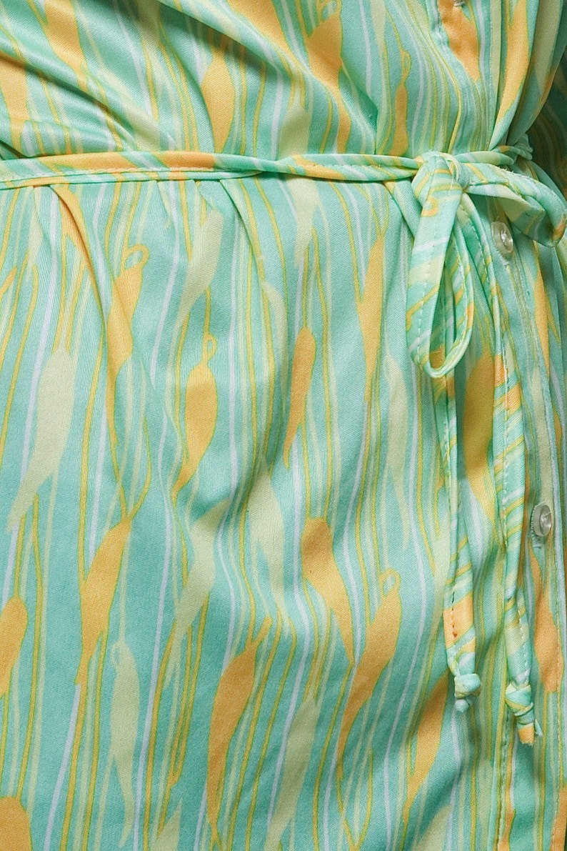 belted polyester shirt vintage 70s light green yellow bamboo stripes XL 1X extra large plus size 画像 5