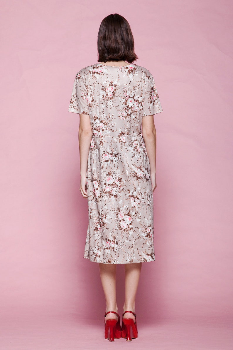 pocket shirtwaist dress brown pink rose print floral slinky short sleeve vintage 70s EXTRA LARGE XL image 6