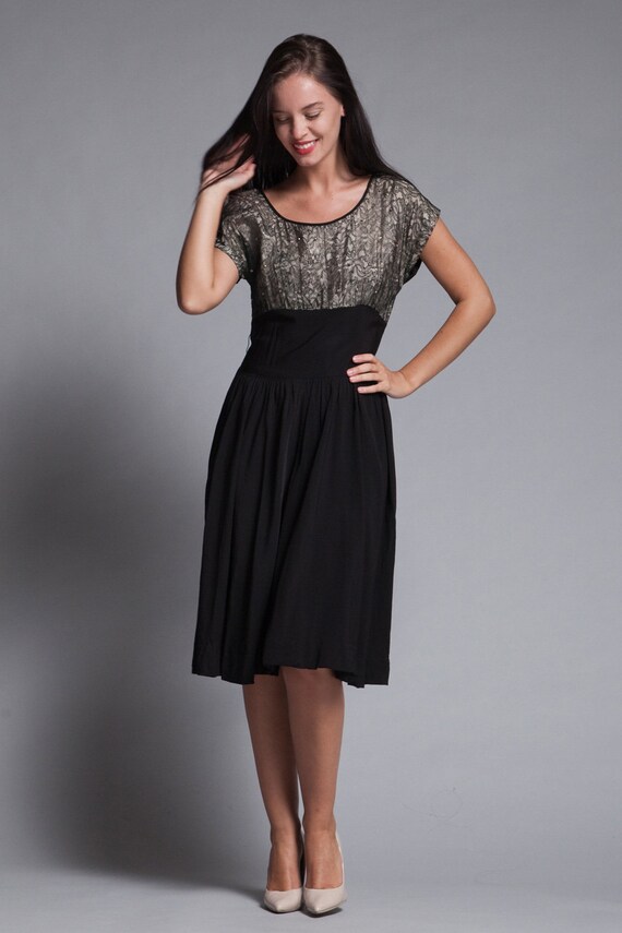 cocktail dress Black crepe lace rhinestone cummerbund vintage 50s MEDIUM M