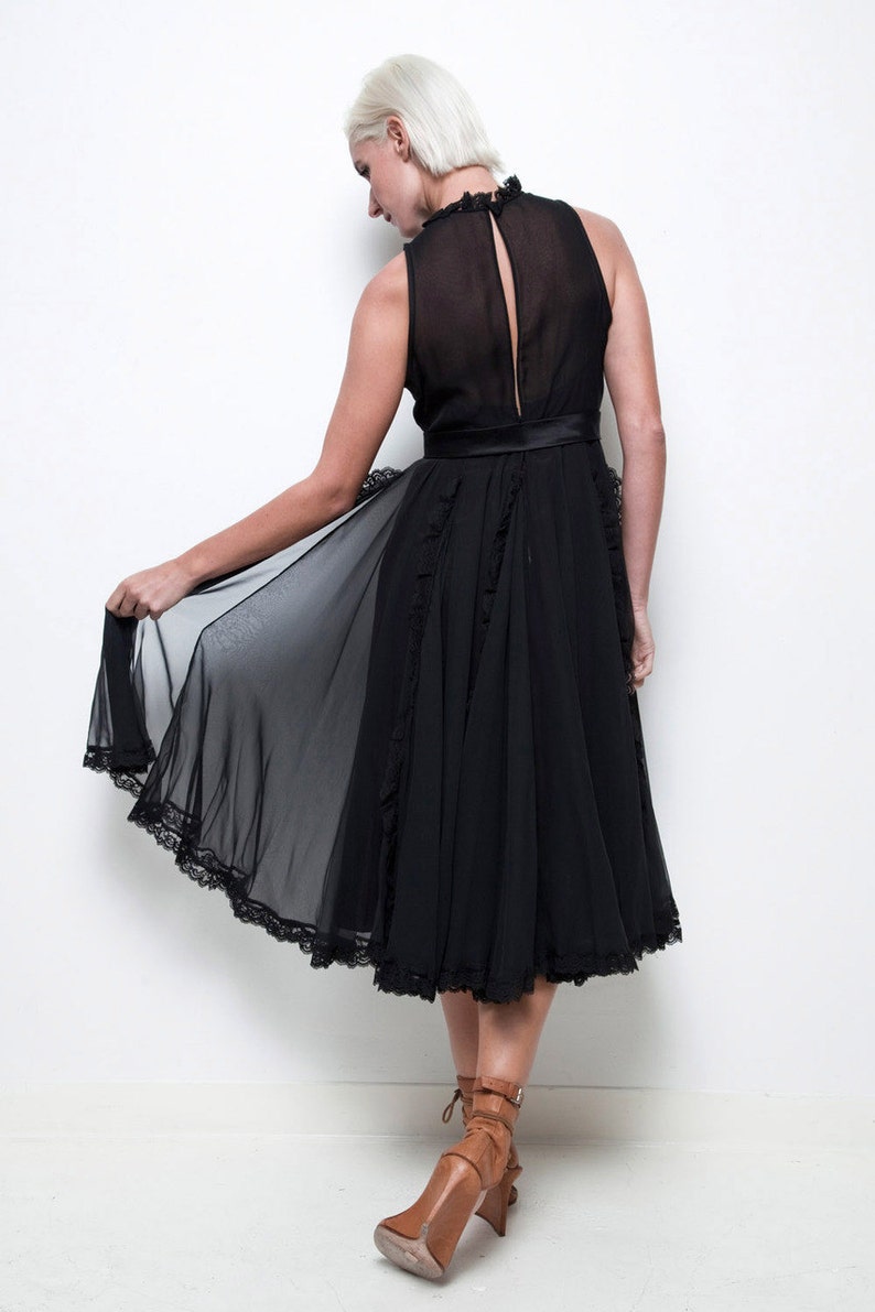 black sleeveless party dress lace trims full skirt sheer chiffon keyhole back vintage 80s M MEDIUM image 5