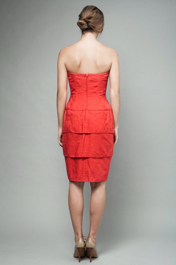 vintage 80s red dress bolero set rose jacquard st… - image 4