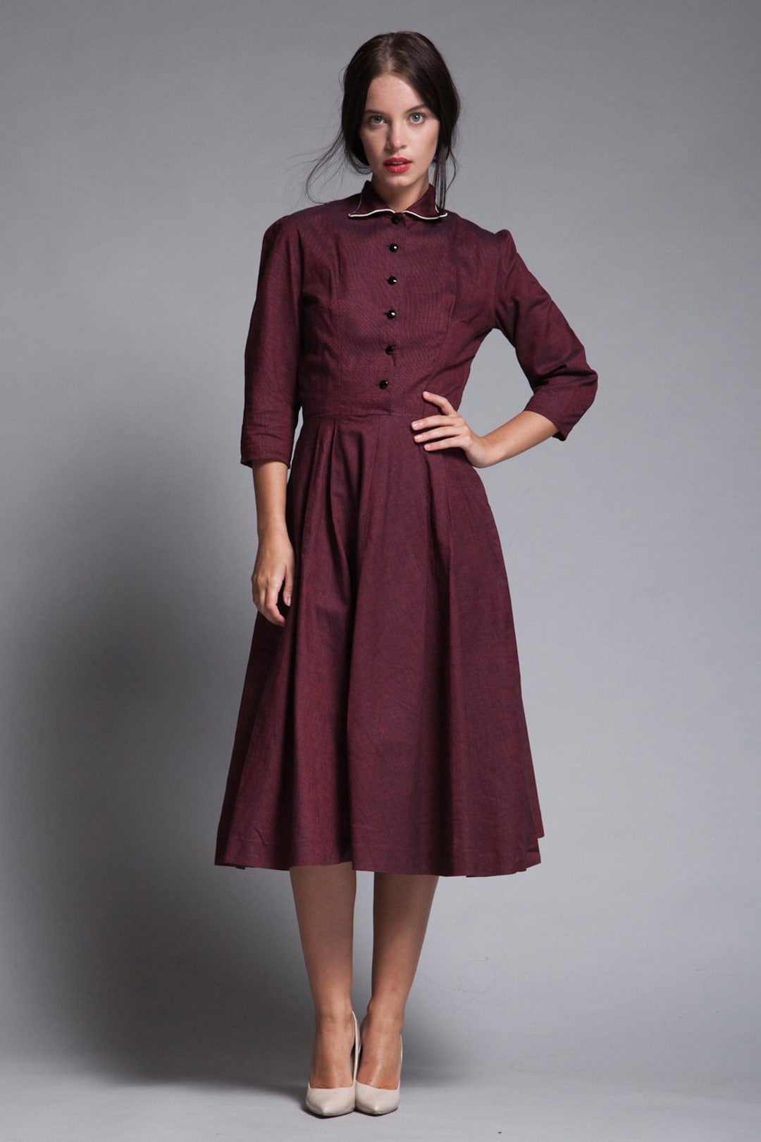 Shirtwaist Dress Midi Burgundy Red Pleated Skirt 3/4 Sleeves - Etsy