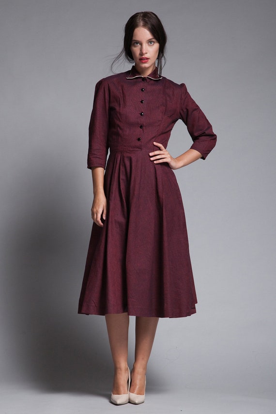 shirtwaist dress midi burgundy red pleated skirt … - image 1