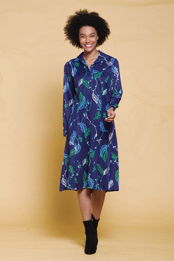 shirt dress leaf print long sleeves navy blue gre… - image 1