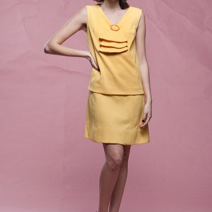 60s ascot dress, yellow sleeveless textured chevron drop waist mod mini vintage 60s MEDIUM M image 4