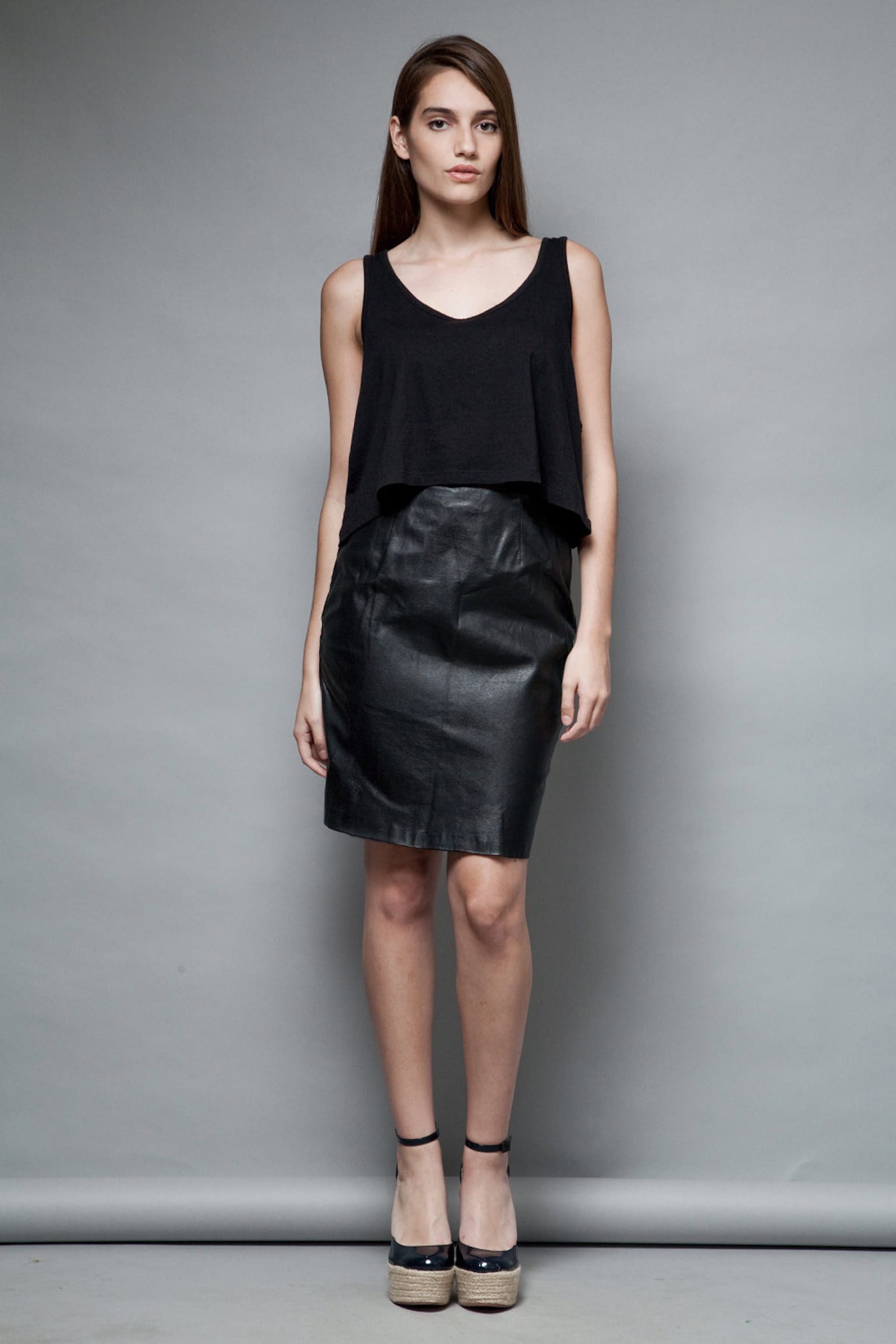 Black leather skirt pencil leather skirt vintage 80s high Etsy