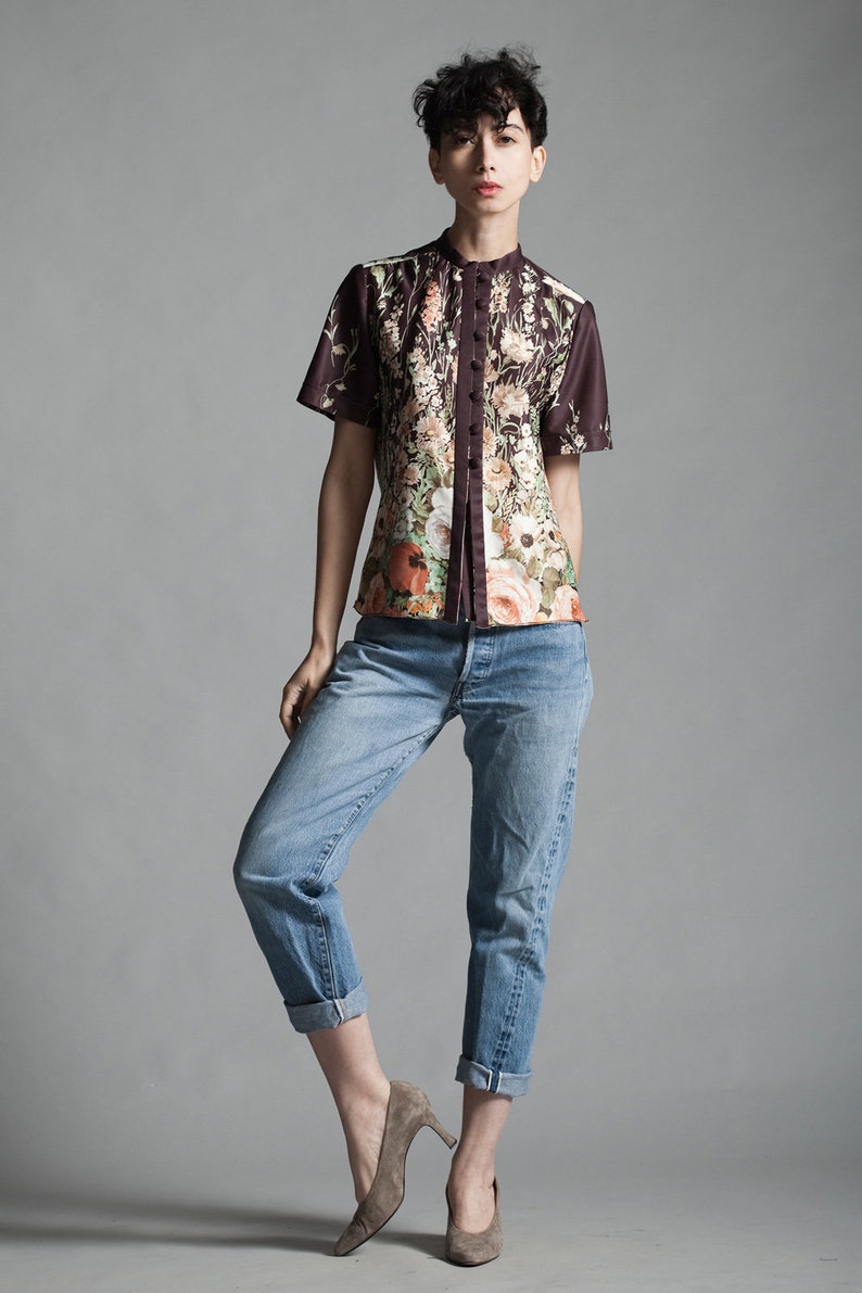 brown watercolor print floral blouse top short sleeves polyester knit vintage 70s SMALL S