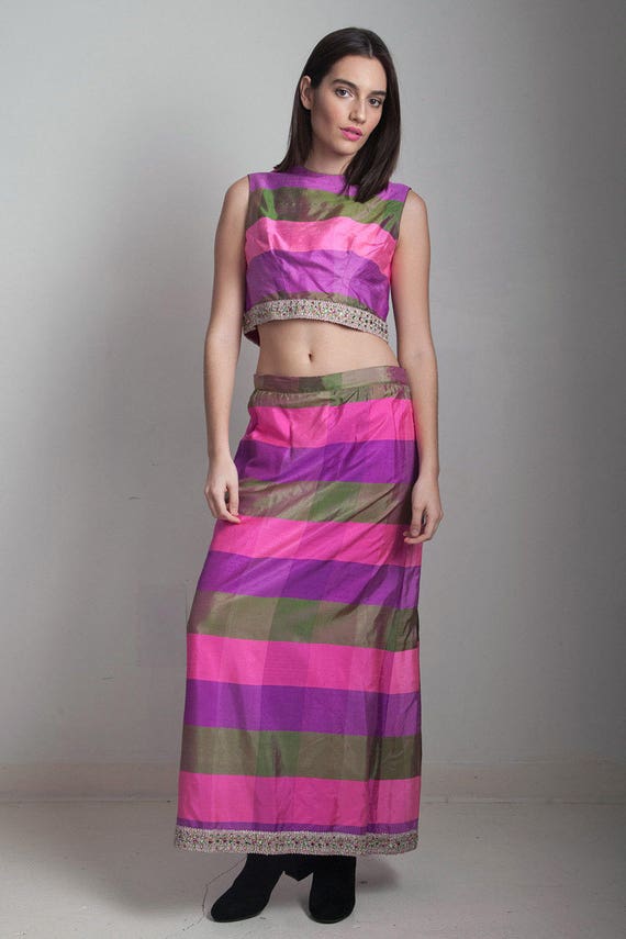 raw silk crop top maxi skirt set 2-piece vintage … - image 1