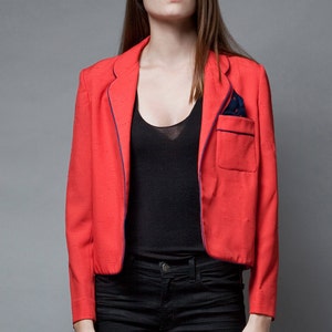 vintage 80s red blazer jacket polka dot pocket square navy open front M L MEDIUM LARGE image 3