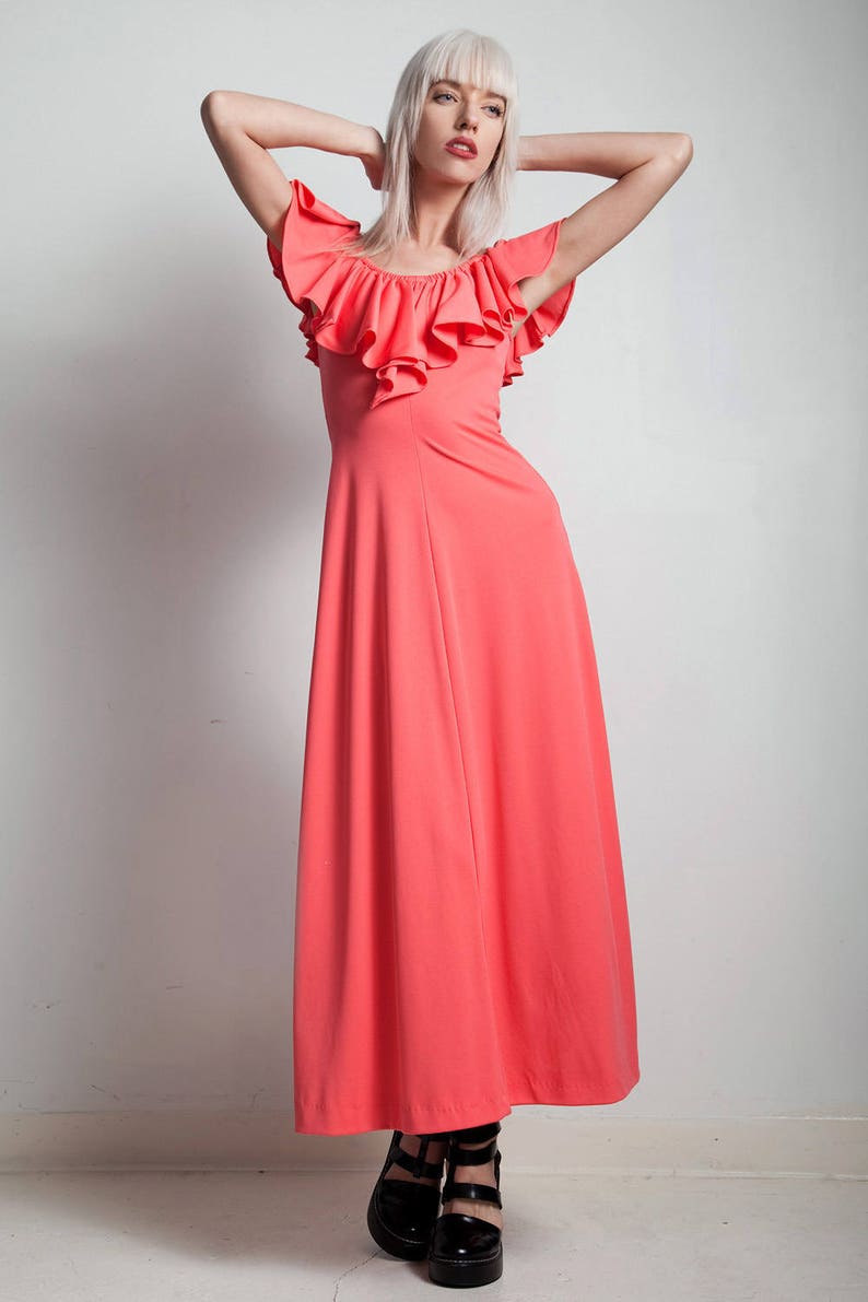 vintage 70s maxi dress a-line ruffle pink flamenco inspired ankle length SMALL MEDIUM S M image 1