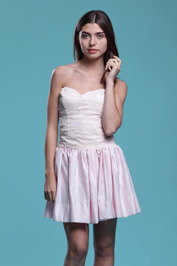 strapless mini dress baby pink lace sweetheart dr… - image 5