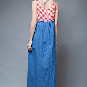 gingham maxi dress, red white blue, gingham plaid dress, sleeveless dress, vintage 70s cotton chambray empire waist LARGE L image 5