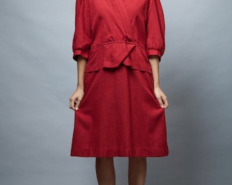 red peplum dress half doll sleeves linen half sleeves vintage 80s M L medium large
